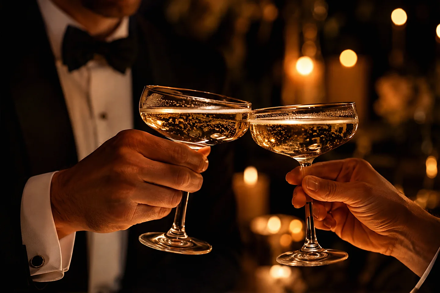 Champagne coupes raised in a toast by candlelight