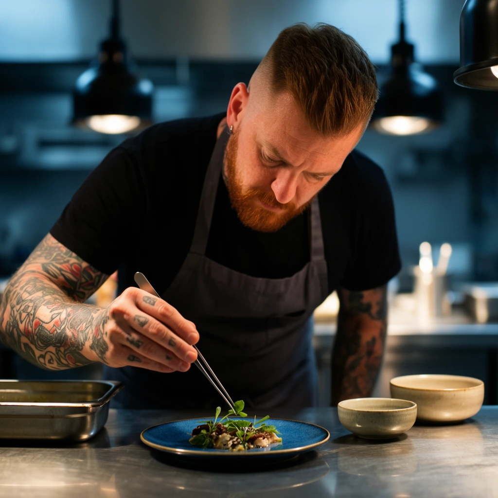 Un chef privado emplatando en una cocina profesional