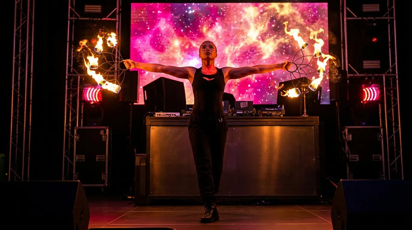 Un artista de fuego en un escenario con luces de colores